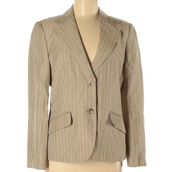 90s Vintage Linen Talbots Tan Pinstriped Blazer Classic Khaki Pinstripe Jacket 8 - Picture 4 of 5